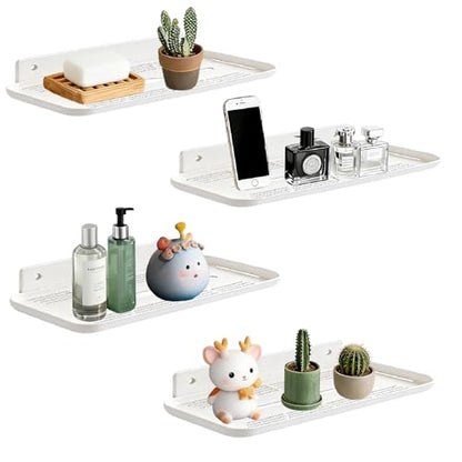FAYYGYH Adhesive Floating Shelves, No Drill Floating Shelf for Wall Storage | Damage-Free Wall Mounted Organizer for Bathroom, Kitchen, Bedroom & Office (White, 4 PCS)