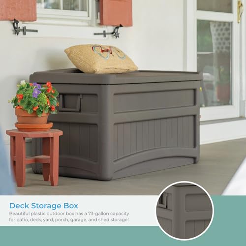 Suncast 73 Gal, Resin Deck Box with Wheels, Handles and Seat, Stoney