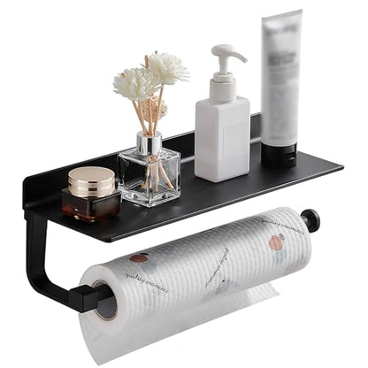Wall Mount Paper Towel Holder with Shelf for Bathroom/Kitchen, Adhesive Hand Towel Holder, Matte Black