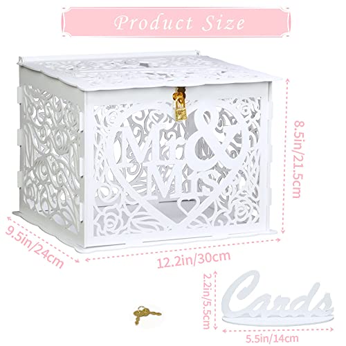 Jolik Wedding Money Box Holder with Sign, Large Rustic Wood Wooden DIY Envelop Gift Card Shadow Boxes with Lock Slot for Reception Anniversary Graduation Birthday Party Parties (Mr & Mrs, White)