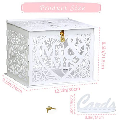 Jolik Wedding Money Box Holder with Sign, Large Rustic Wood Wooden DIY Envelop Gift Card Shadow Boxes with Lock Slot for Reception Anniversary Graduation Birthday Party Parties (Mr & Mrs, White)