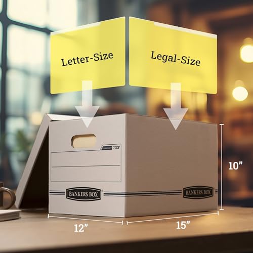 Bankers Box 4-Pack Basic-Duty File Storage Box with Lid, Letter/Legal | Tame everyday paperwork with affordable file boxes, lift-off lids, and reinforced handles for simple record storage.