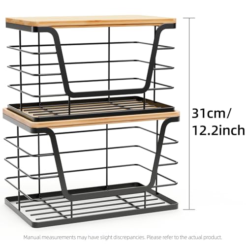 2 Pack Storage Stackable Kitchen Laundry Organizers with Bamboo Top, Large Trash Bag Holder and Small Garbage Bag Dispenser for Countertop Organization