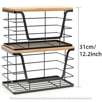 2 Pack Storage Stackable Kitchen Laundry Organizers with Bamboo Top, Large Trash Bag Holder and Small Garbage Bag Dispenser for Countertop Organization