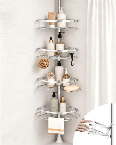 Rustproof Shower Corner Caddy Organizer for Bathroom, 4 Adjustable Shelves with Tension Pole, for Bathtub Shampoo Accessories Storage Holder, 34 to 116 Inch Height, Silver