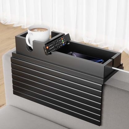 Bamboo Sofa Armrest Tray - Couch Arm Tray with Detachable Couch Cup Holder - 2 in 1 Anti-Slip Foldable Sofa Armchair Caddy Table - Cup Holder for Drinks Cellphone Snacks, Remote
