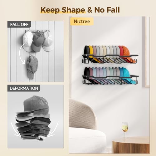 Hat Rack for Wall - 2 Pack Metal Hat Organizer for Baseball Caps - Heavy Duty Wall Mounted Baseball Cap Organizer and Hat Storage for Closet Wall or Bedroom - Holds 48 Caps,Black