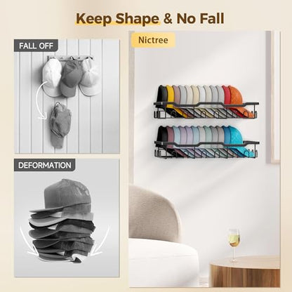 Hat Rack for Wall - 2 Pack Metal Hat Organizer for Baseball Caps - Heavy Duty Wall Mounted Baseball Cap Organizer and Hat Storage for Closet Wall or Bedroom - Holds 48 Caps,Black