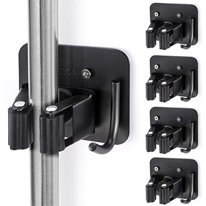 Stainless Steel Broom Holder, Heavy Duty, Rust Resistant, 4 Gripper Positions with 4 Hooks, Black | Drill-Mounted Gripper Rack Holds Brooms, Mops and Garden Tools Safely in the Laundry Room, Kitchen, Garage, Garden and Shed