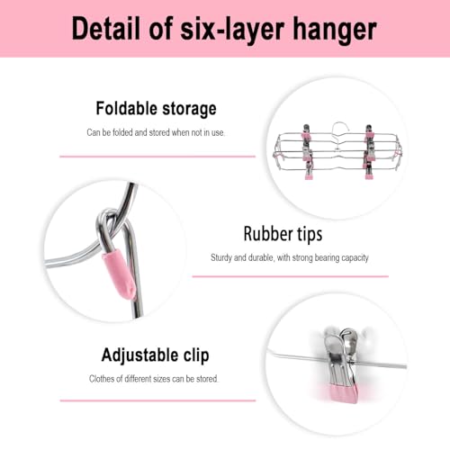 Skirt Pants Hangers with Clips,6Tier Skirt Hangers Space Saving,Metal Multi Pants Hangers and Storage Multi Clothes Shorts Hanger Organization,Space Saving Hangers with Clips (Pink, 2-Piece Set)