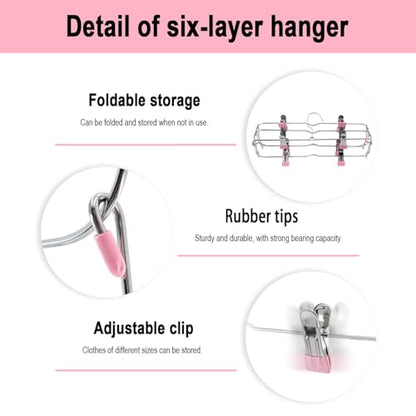Skirt Pants Hangers with Clips,6Tier Skirt Hangers Space Saving,Metal Multi Pants Hangers and Storage Multi Clothes Shorts Hanger Organization,Space Saving Hangers with Clips (Pink, 2-Piece Set)