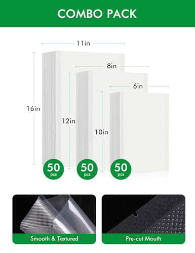 Vacuum Sealer Bags, 11"x16" Gallon, 8"x12" Quart, 6"x10" Pint, 150Pcs | Commercial Grade, BPA Free, Sous Vide Compatible, Puncture Prevention, Kitchen Essentials