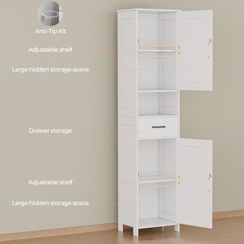 67" H Tall Bathroom Storage Cabinet with Barn Doors and Drawer | Narrow Storage Unit with Adjustable Shelves, Floor Cabinet for Bathroom, Living Room, Entryway or Kitchen, White, 15.7" W