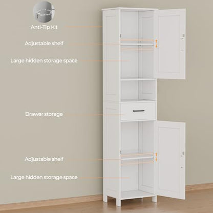 67" H Tall Bathroom Storage Cabinet with Barn Doors and Drawer | Narrow Storage Unit with Adjustable Shelves, Floor Cabinet for Bathroom, Living Room, Entryway or Kitchen, White, 15.7" W