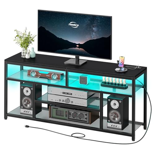 HOOBRO LED TV Stand with Charging Station, 4-Tier Entertainment Gaming Center, Modern Media Console Table, Open Shelves, 55.1"L x 13.8"W x 26.2"H, for TVs up to 65", for Living Room, Black BB47UDDS01