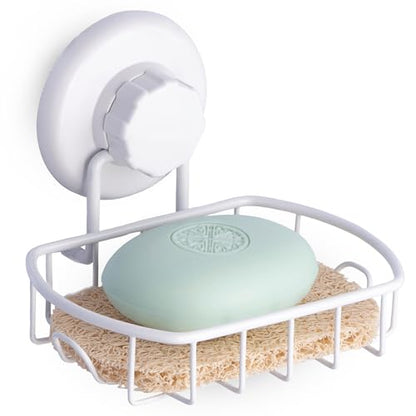 HASKO Suction Cup Soap Dish for Shower Wall, Rustproof Stainless Steel Shower Soap Holder with Hooks for Bathroom, Includes Optional No Drill Adhesive Mount and Soap Savers, 2 Pack, White