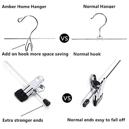 Amber Home 12 Pack Heavy Duty Add on Metal Pants Skirt Hangers with Clips | Stackable Add-on Metal Clothes Hangers with 2-Adjustable Clips, Cascading Clip Hangers Space Saving for Jeans, Slacks
