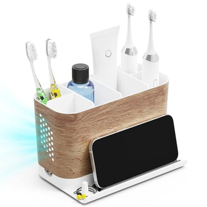 Bathroom Organizers and Storage 6 Slots Wood Grain Electric Toothbrush Holders with Phone Holder and Adjustable Dividers, Cord-Friendly Toothbrush Organizer with Drainage for Family, Kids