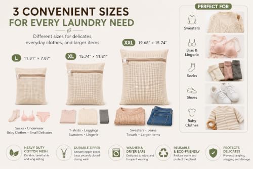 6-Pack Laundry Bags, Durable Cotton Mesh with Sturdy Zipper, Breathable Mesh Fabric, Ideal for Washing Underwear, Pants, Shoes, Socks and Delicate Garments