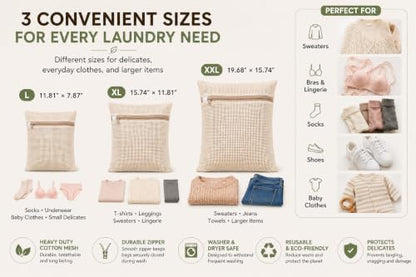 6-Pack Laundry Bags, Durable Cotton Mesh with Sturdy Zipper, Breathable Mesh Fabric, Ideal for Washing Underwear, Pants, Shoes, Socks and Delicate Garments