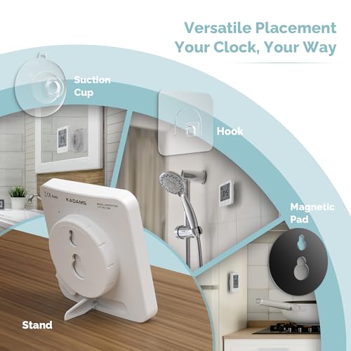 KADAMS Shower Clock Waterproof Bathroom Timer – Digital Wall Clock with Countdown, Magnetic Kitchen Clock with Temperature & Humidity, Suction Cup for Kids Shower Spa Sauna Cook Bath, White