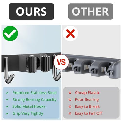 2 Pack Mop Broom Holder Wall Mount 4 Racks 5 Hooks Storage Black | 304 Rustproof Stainless Steel Broom Hanger, Non-Slip Wall Mount Organizer, Space Saving For Kitchen, Laundry, Garden