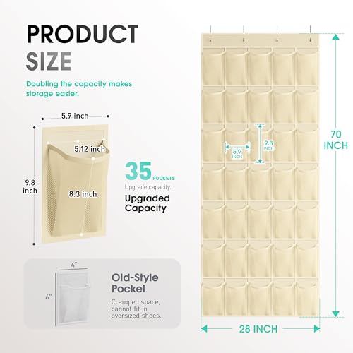 WVM Over the Door Shoe Organizer with 35 Breathable Mesh Pockets, Hanging Shoe Organizer for Door with 4 Metal Hooks, Large Capacity Closet Storage for Shoes, Accessories