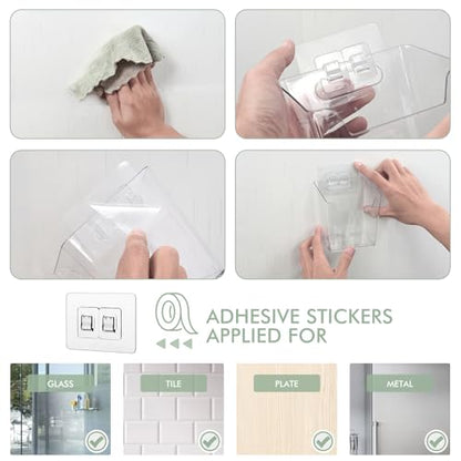 Clear Adhesive Wall Storage Bins, 4 Pack Cabinet Door Organizer Cups(Small) | Clear PET Hanging Wall Mount Pockets, Plastic Caddy for Shower Bathroom Makeup Office Craft Kitchen Sink RV Organization