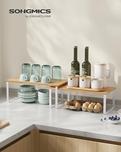 SONGMICS Cabinet Organizer Shelf, Set of 4 Kitchen Counter Shelves, Kitchen Storage, Spice Rack, Stackable, Expandable, Metal and Engineered Wood, Cloud White and Natural Beige UKCS210W01