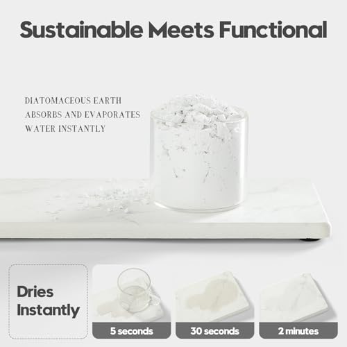 2PCS Water Absorbing Stone Drying Tray for Kitchen Counter & Bathroom Sink, Diatomite Faucet Splash Guard, Soap Dispenser Rack & Sponge Holder Caddy Organizer, Marble White (Printed Pattern), 9"x 3.5"