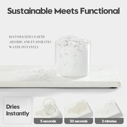 2PCS Water Absorbing Stone Drying Tray for Kitchen Counter & Bathroom Sink, Diatomite Faucet Splash Guard, Soap Dispenser Rack & Sponge Holder Caddy Organizer, Marble White (Printed Pattern), 9"x 3.5"