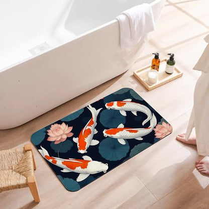 Japanese Fish Bath Mat,Fast Drying Lotus Flowers Leaves Bathmats for Bathroom, Non Slip Soft Diatomaceous Bath Rug Bathroom Accessories Thin Doormat for Home Kitchen 17 X 29.5 Inch