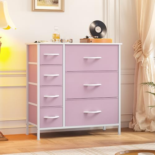 YITAHOME Pink Dresser, 7 Drawers Fabric Dresser for Bedroom | Organizer Unit for Living Room, Hallway, Closets, Sturdy Steel Frame, Wooden Top, Easy Pull Fabric Bins