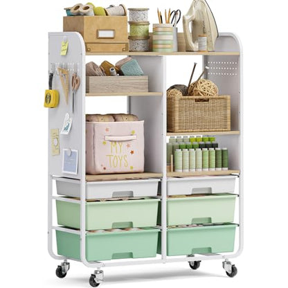 6 Drawers Rolling Storage Cabinet with Wood Top& Pegboards Green | Utility Craft Cart with Adjustable Shelves & Lockable Wheels for Classroom, Home Office & Art Studio, Household Organization
