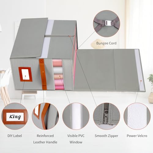 Extra Large Bed Sheet Organizer, 2 Pack Foldable Sheet Organizers and Storage with Oxford Fabric, Clear PVC Window & Leather Handle – Storage for Bedding, Blankets, Duvet Cover Set, Quilt