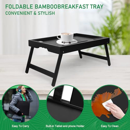 Artmeer Bamboo Bed Tray Table with Device Slot, Folding Legs, Large, Black | FSC-certified bamboo bed tray with folding legs, device slot and handles for meals, laptops, reading and serving in bed.