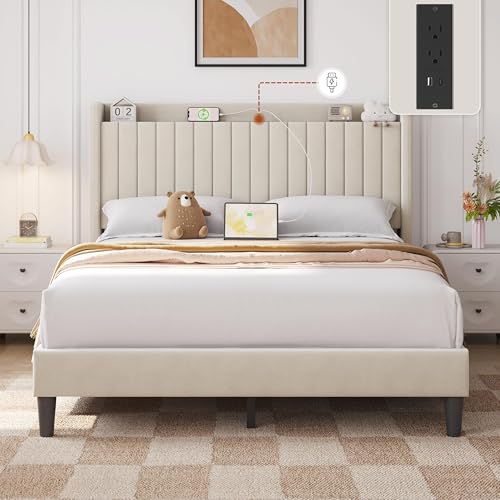 Yaheetech Queen Bed Frame with Channel-Tufted Storage Headboard, Beige