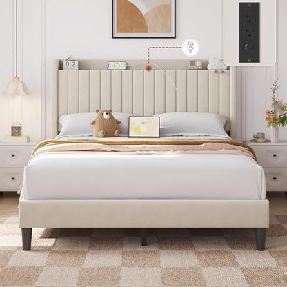Yaheetech Queen Bed Frame with Channel-Tufted Storage Headboard, Beige
