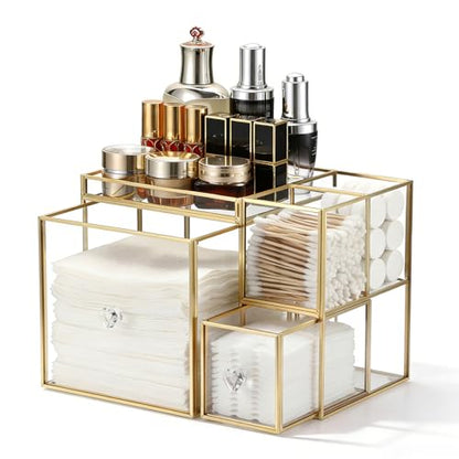 Sumnacon Glass Face Towel Holder with Drawer, Disposable Facial Towels Container with Top Tray, Compatible with Clean Towel XL, Vanity Organizer for Bathroom Skincare Cosmetic Cotton Pads Storage