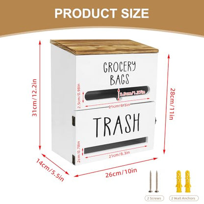2 in 1 Trash Bag Dispenser, Double Wall Mounted,Wood Trash Bag Holder, used in kitchen, garage, laundry room, can store Environmentally friendly food bags and garbage bags (White)