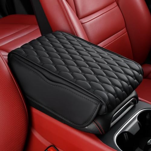 Car Armrest Cushion Pad Auto Center Console Cover with Storage Bag Memory Foam Arm Rest Console Pad Leather Universal Fit for Most Vehicles (Thick Pad, Black)