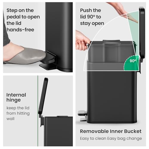 Cesun 2.6 Gallons Small Bathroom Trash Can with Lid Soft Close, Black | Removable Inner Bucket, Small Stainless Steel Garbage Can for Bedroom/Office, Hands-Free Step Pedal, Fingerprint-Resistant