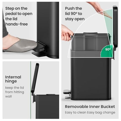 Cesun 2.6 Gallons Small Bathroom Trash Can with Lid Soft Close, Black | Removable Inner Bucket, Small Stainless Steel Garbage Can for Bedroom/Office, Hands-Free Step Pedal, Fingerprint-Resistant