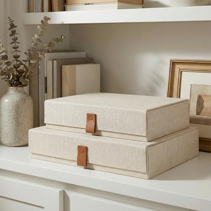 Decorative Photo Storage Boxes with Lids - Set of 2 Beautiful Linen Organizers Are Perfect to Safely Store Your Pictures, Documents, Scrapbooking Supplies, Keepsakes and Other Memories in Style