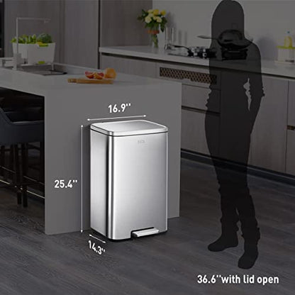 EKO Madison Brushed Stainless Steel 13.2 Gal/50L Kitchen Step Trash Can or Recycling Bin, Removable Inner Liner, Soft Close Lid, Fingerprint Resistant Finish
