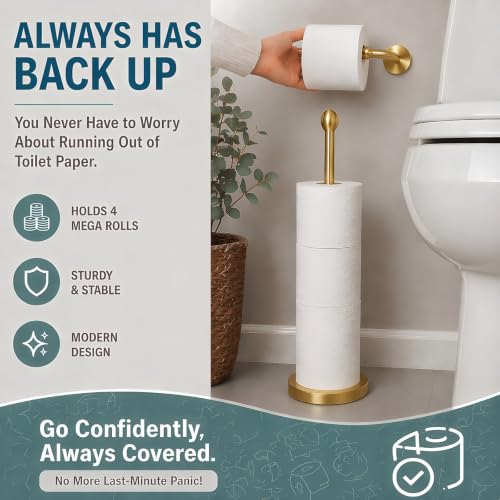 Songtec Gold Toilet Paper Holder Stand with Reserve, Floor Standing Tisse Roll Holder for 4 Rolls, Compact Design Bathroom Toilet Paper Storage - Gold