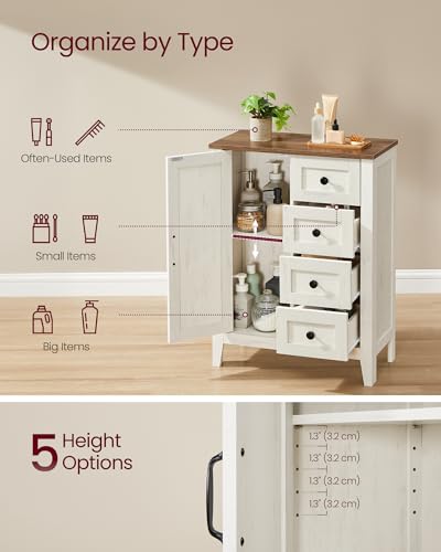 VASAGLE LIRY Collection - Storage Cabinet, Farmhouse Bathroom Floor Cabinet with 4 Drawers, Freestanding Storage Organizer, Barn Door, Adjustable Shelf, Rustic White, UBBK753W01