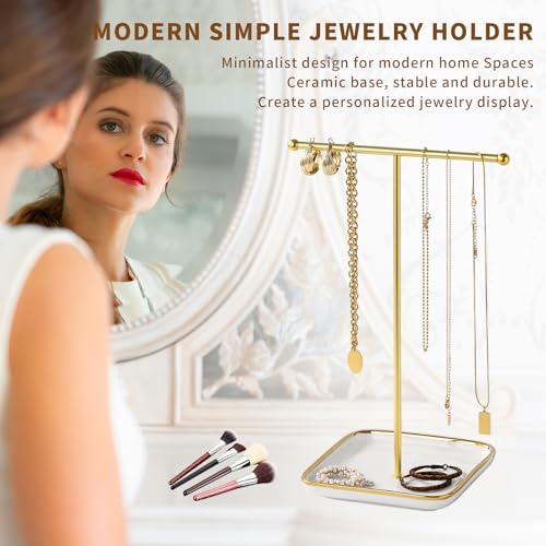 modern T-shaped jewelry rack, jewelry tower, gold metal, square ceramic base decoration display tower, necklace, bracelet, ring storage rack (1-layer ceramic disc)