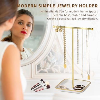 modern T-shaped jewelry rack, jewelry tower, gold metal, square ceramic base decoration display tower, necklace, bracelet, ring storage rack (1-layer ceramic disc)
