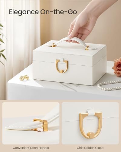 SONGMICS 2-Layer Jewelry Box Organizer, Jewelry Storage Case with Removable Tray and Handle, for Necklaces, Earrings, Rings, Bracelets, 6.7 x 8.1 x 3.7 Inches, Gift Idea, Cream White UJBC208WD01